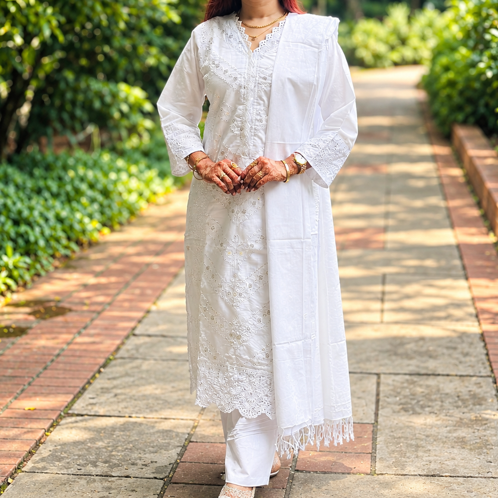 Premium Aarong Cotton Readymade Three-Piece Collection with Sequins and Mirror Work
